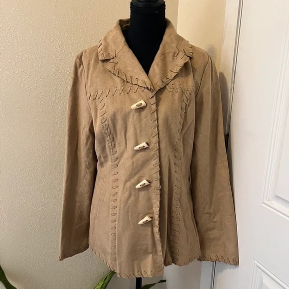 Susan Graver Jackets & Blazers - Susan Graver Tan Button-Front Jacket with Whipstitch Trim
